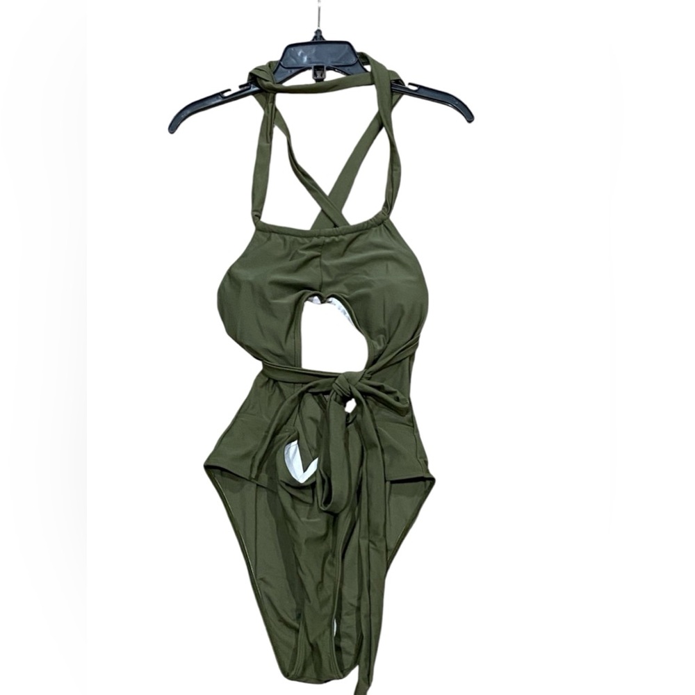 Shein-One Piece Cutout Crisscross Tie Swimsuit-Women's Size: Large-Green-NEW!!